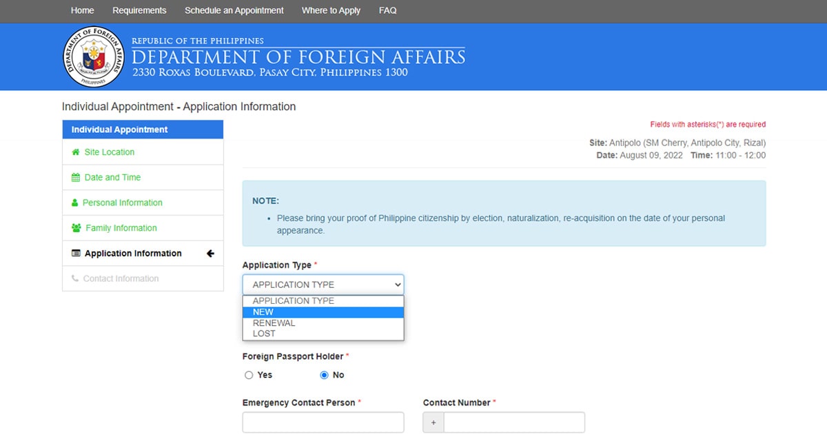 Set an appointment for new passport application